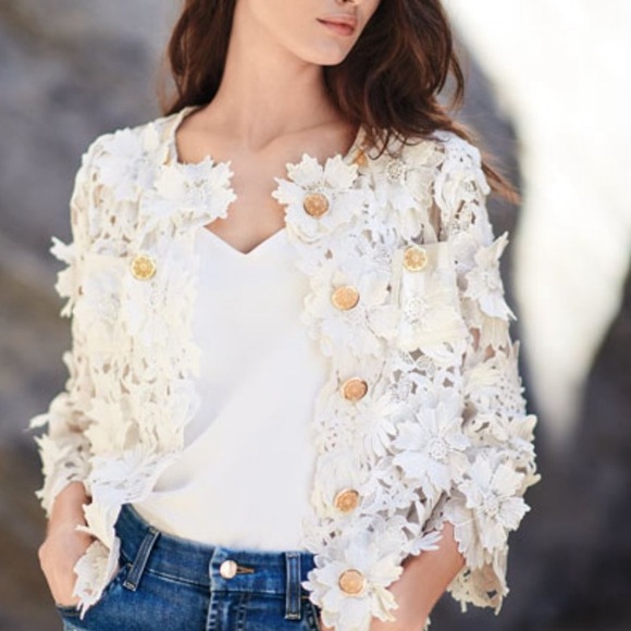 MICHAEL SIMON Textured white Floral Sheer Cropped Blazer Gold hardware SZ:Small - Picture 16 of 16